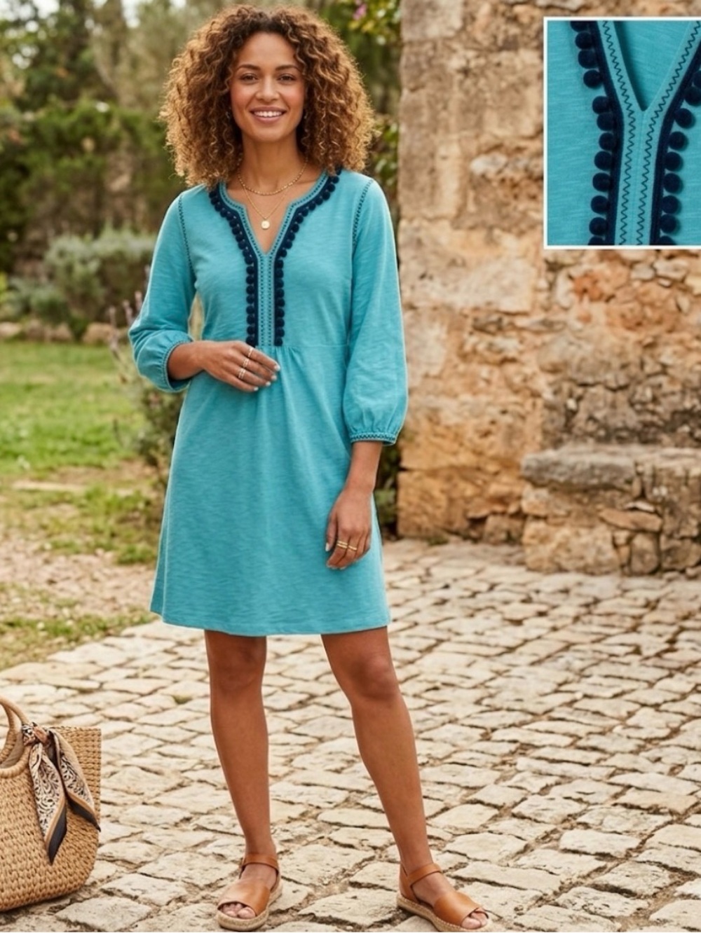 Boden Teal Cotton Pom Trim Dress – Size 8R - Picture 1 of 8